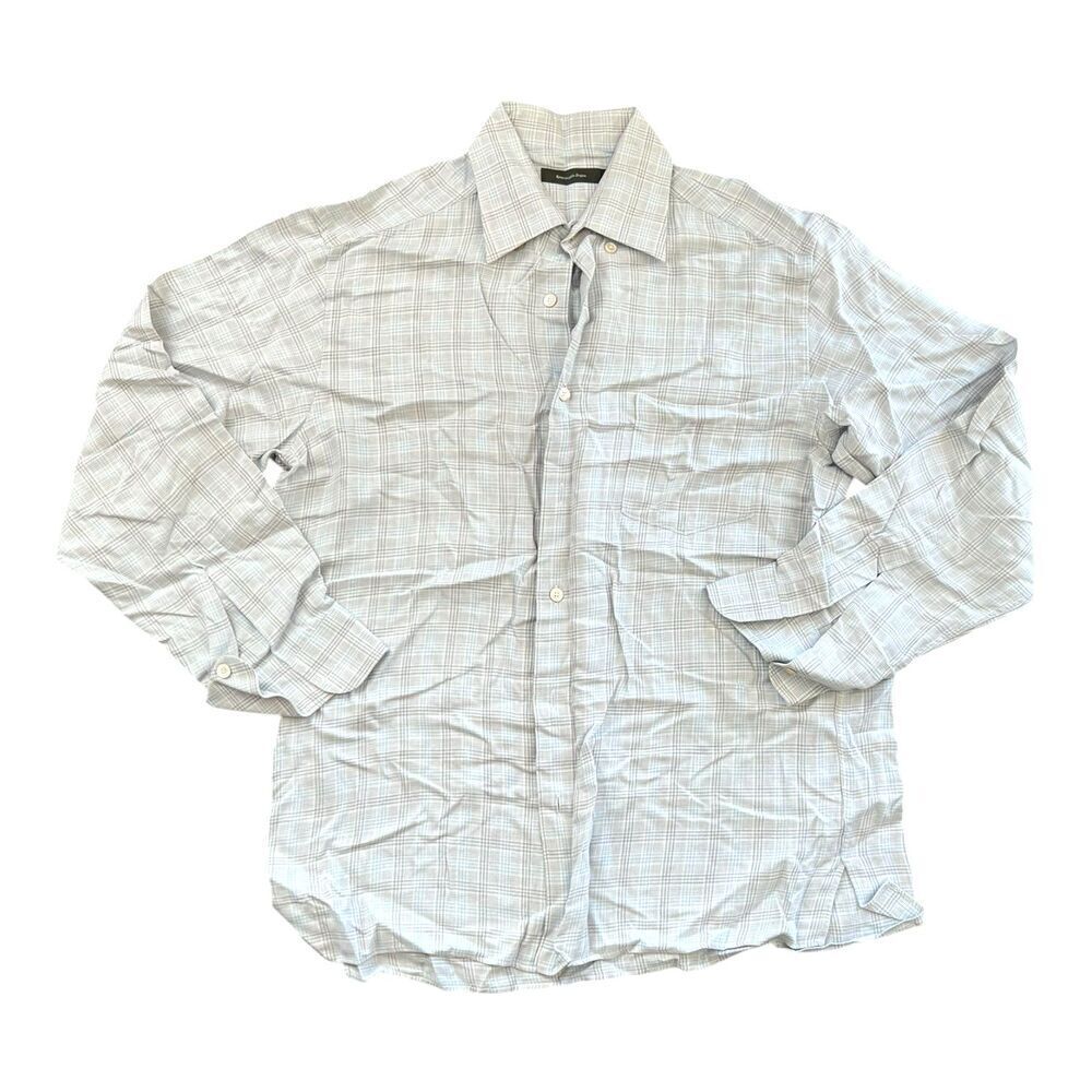 Ermenegildo Zegna Gray Plaid Cotton Cashmere Blend Button Up L